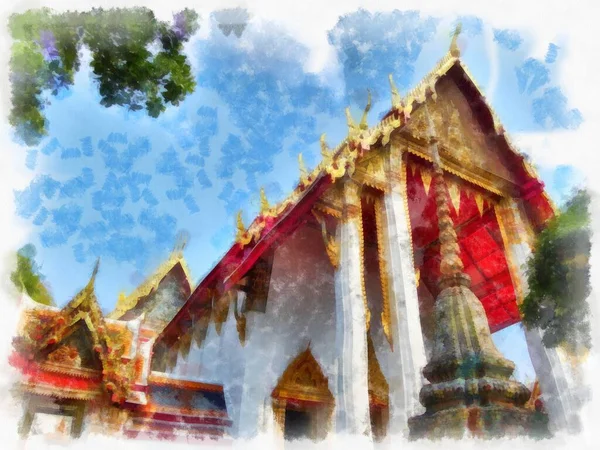 Architecture Ancienne Thaïlande Aquarelle Style Illustration Peinture Impressionniste — Photo