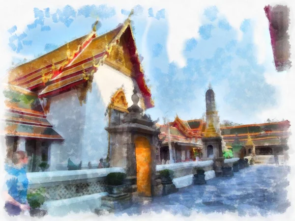 Tayland suluboya tarzının antik mimarisi empresyonist resim.