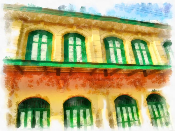 古建筑欧洲建筑水彩画风格印象派绘画 — 图库照片