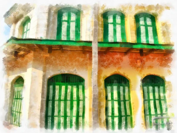 Eski Avrupa mimarisi suluboya resim çizimi.