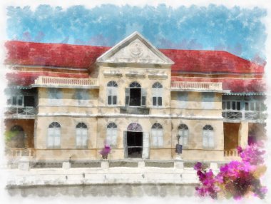 Eski Avrupa mimarisi suluboya resim çizimi.