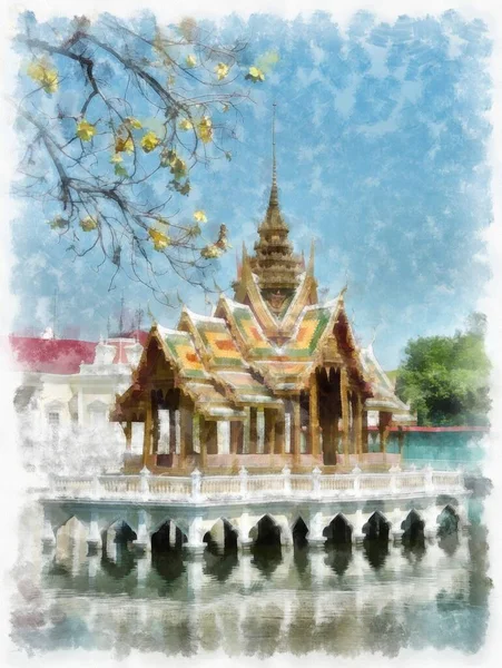 タイのバンパイン宮殿水彩画風のイラスト印象派絵画 — ストック写真