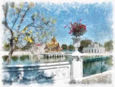 Bang Pa-In Sarayı Tayland suluboya resim çizimi.