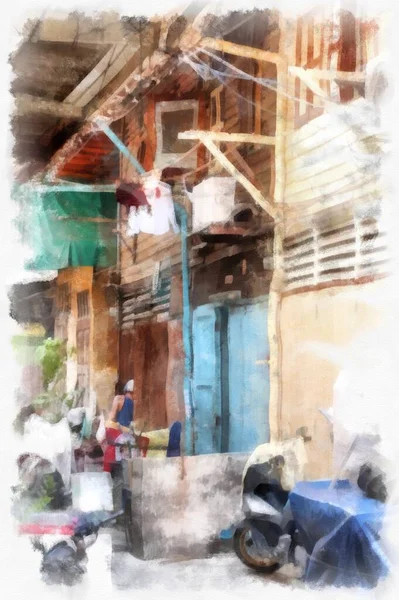 Τοπίο Των Σειρών Των Παλαιών Ξύλινων Σπιτιών Στην Πόλη Ακουαρέλα — Φωτογραφία Αρχείου
