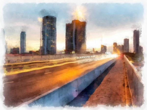 Cityscape Високими Будівлями Вулицями Сутінках Акварель Імітує Імпресіоністський Живопис — стокове фото