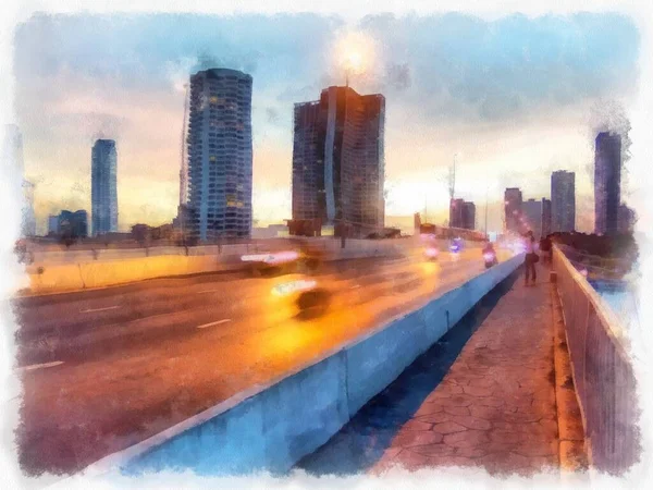 Cityscape Tall Buildings Streets Twilight Time Watercolor Style Illustration Impressionist — Stock Photo, Image