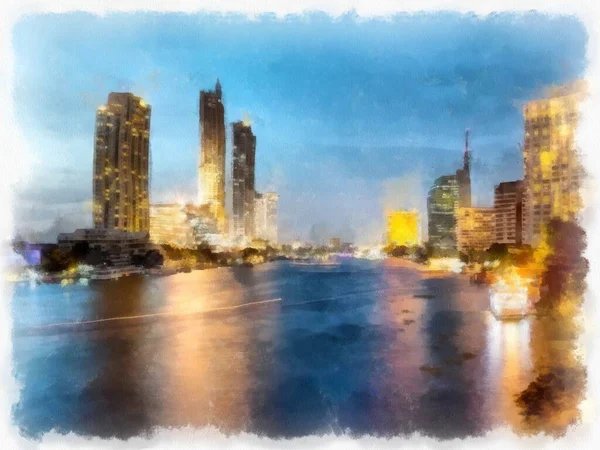 Paysage Rivière Chao Phraya Bangkok Avec Hauts Bâtiments Nuit Aquarelle — Photo