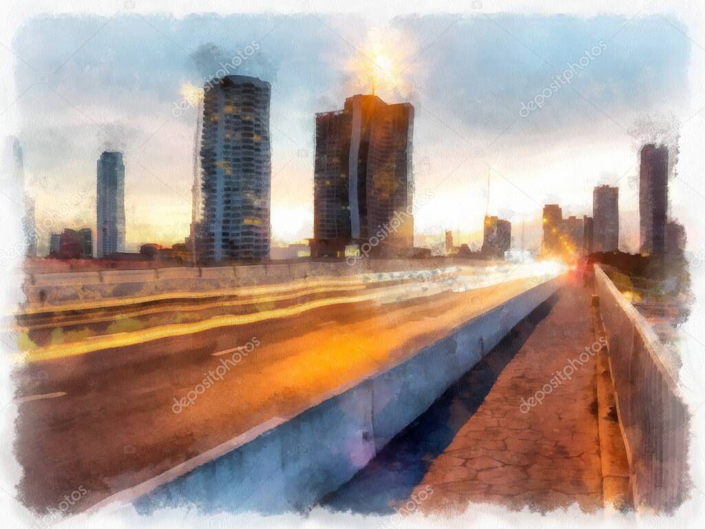 Cityscape with tall buildings and streets in Twilight time. watercolor style illustration impressionist painting.