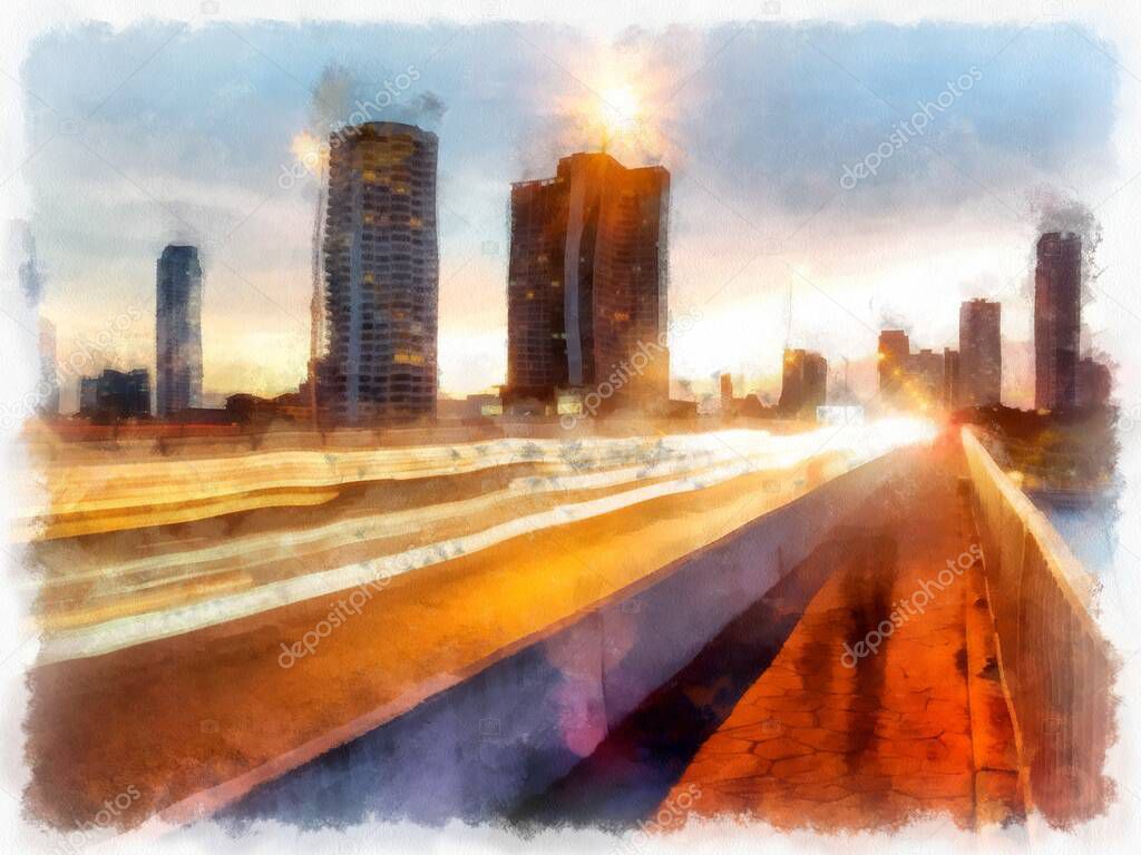 Cityscape with tall buildings and streets in Twilight time. watercolor style illustration impressionist painting.