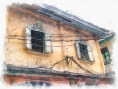 Bangkok 'ta terk edilmiş eski ticari binalar suluboya resim çizimi