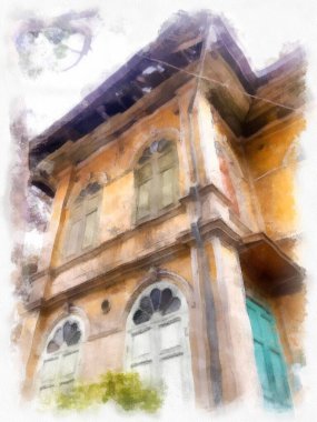 Terk edilmiş sarı Bangkok suluboya resim resimlerinde Avrupa 'nın mimari binaları