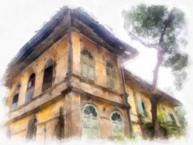 Terk edilmiş sarı Bangkok suluboya resim resimlerinde Avrupa 'nın mimari binaları
