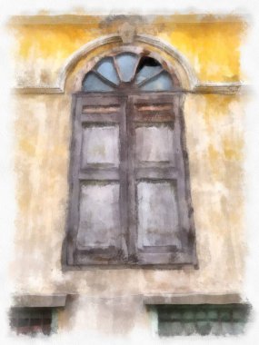 Avrupa mimarisinin sarı binasındaki antik ahşap pencerelerin camlarında kemerler var. suluboya resim çizimi empresyonisti