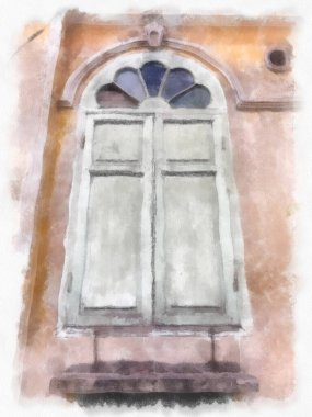 Avrupa mimarisinin sarı binasındaki antik ahşap pencerelerin camlarında kemerler var. suluboya resim çizimi empresyonisti