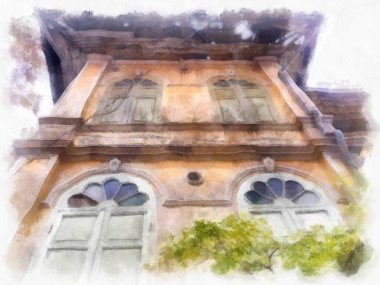 Terk edilmiş sarı Bangkok suluboya resim resimlerinde Avrupa 'nın mimari binaları