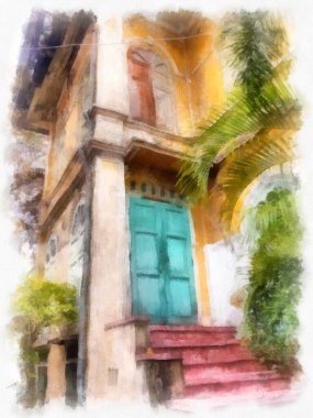 Terk edilmiş sarı Bangkok suluboya resim resimlerinde Avrupa 'nın mimari binaları