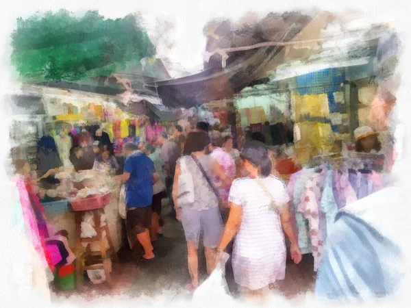 Ruelle Rue Avec Des Marchés Frais Des Deux Côtés Aquarelle — Photo