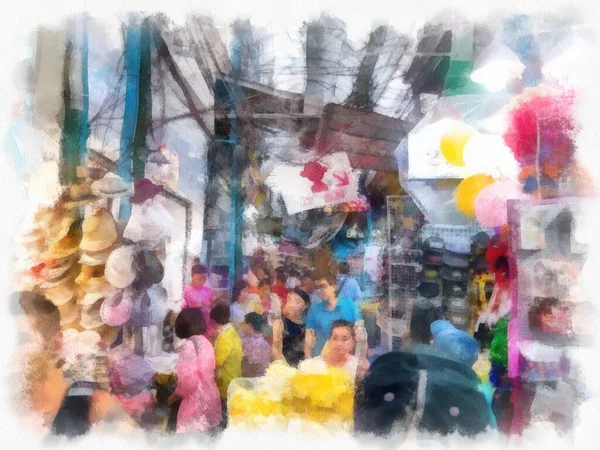 バンコクの水彩画スタイルのイラストの印象派絵画の市場内 — ストック写真