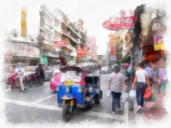 Пейзаж Китайского Квартала Yaowarat Бангкок Акварель Стиль Иллюстрации Импрессионистской Живописи — стоковое фото