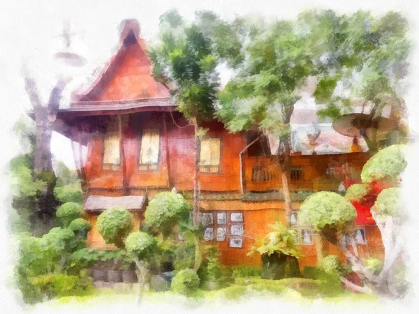Thai Style House Building Central Thai Architectural Garden Watercolor Style — Stock Photo, Image