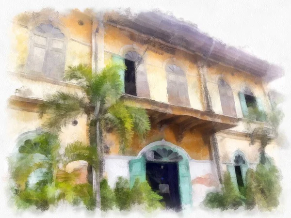 Europäische Kolonialarchitektur Gebäude Verlassenen Gelben Bangkok Aquarell Stil Illustration Impressionistische — Stockfoto