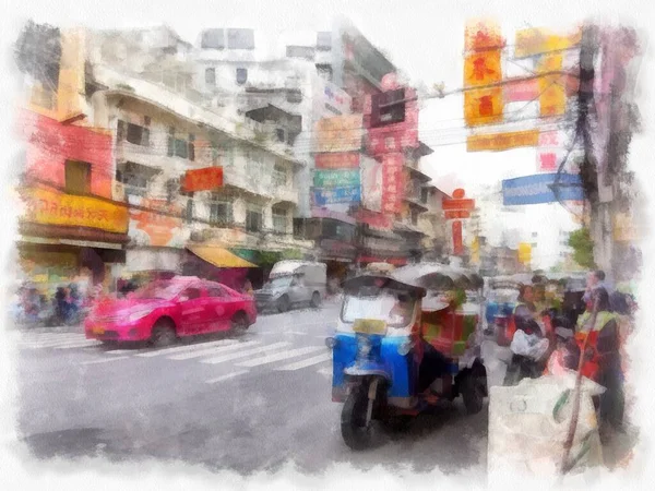 Пейзаж Yaowarat Road Чайнатаун Бангкок Акварель Стиль Иллюстрации Импрессионистской Живописи — стоковое фото