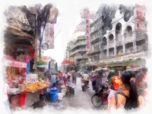 Landskap Yaowarat Road Chinatown Bangkok Akvarell Stil Illustration Impressionist Målning — Stockfoto