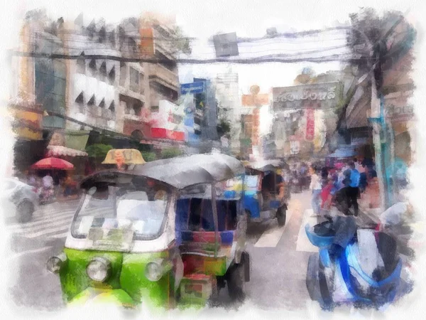 Paesaggio Yaowarat Road Chinatown Bangkok Acquerello Stile Illustrazione Impressionista Pittura — Foto Stock