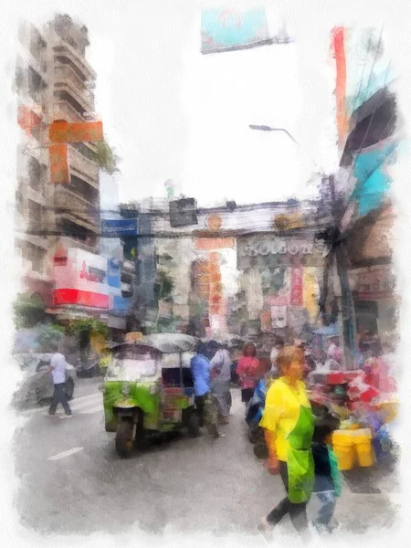 Yaowarat Yolu Çin Mahallesi Bangkok Suluboya Resim Ressamı — Stok fotoğraf