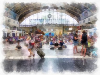 Hua Lamphong Tren İstasyonu 'nun iç manzarası hala yolcuların seyahat ettiği eski bir istasyondur. suluboya resim çizimi empresyonisti