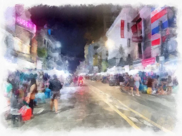 Mercado Nocturno Paisaje Las Calles Bangkok Acuarela Estilo Ilustración Pintura — Foto de Stock