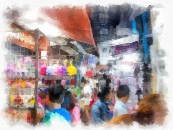 Mercado Nocturno Paisaje Las Calles Bangkok Acuarela Estilo Ilustración Pintura —  Fotos de Stock