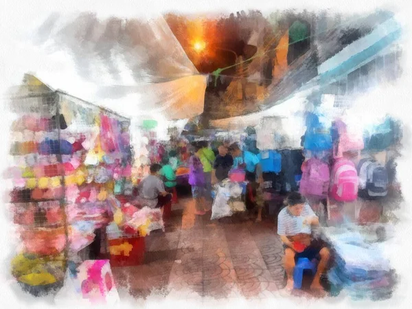 Marché Nuit Paysage Dans Les Rues Bangkok Aquarelle Style Illustration — Photo