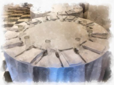 Yuvarlak bir ziyafet masasında tabaklar, kaseler, çatallar ve önlükler vardır. suluboya resim çizimi empresyonisti