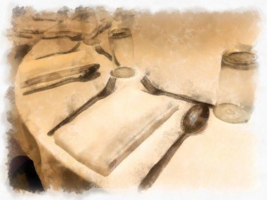 Yuvarlak bir ziyafet masasında tabaklar, kaseler, çatallar ve önlükler vardır. suluboya resim çizimi empresyonisti