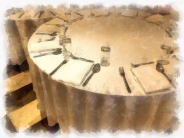 Yuvarlak bir ziyafet masasında tabaklar, kaseler, çatallar ve önlükler vardır. suluboya resim çizimi empresyonisti