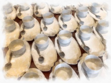 Toplantı odasında kırılan kahve fincanları suluboya resim çizimleri.