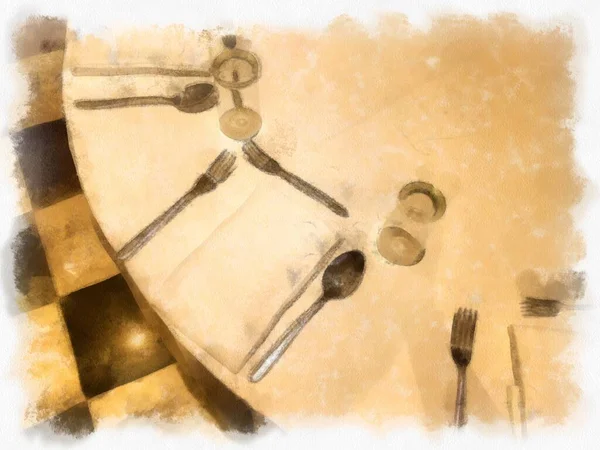 Ein Runder Banketttisch Besteht Aus Tellern Schüsseln Gabeln Und Schürzen — Stockfoto