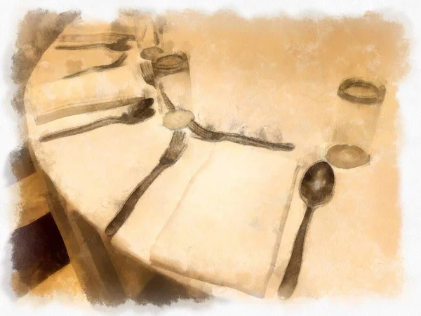 Uma Mesa Banquete Redonda Tem Conjunto Pratos Tigelas Garfos Aventais — Fotografia de Stock