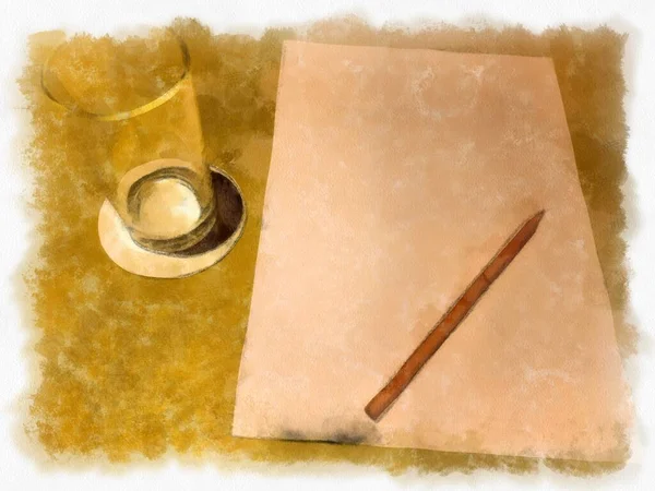 Ein Klares Glas Wasser Und Ein Notizbuch Mit Bleistift Aquarell — Stockfoto