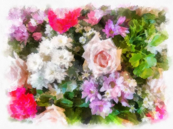 Boeket Met Licht Paarse Fel Roze Bloemen Aquarelstijl Illustratie Impressionistisch — Stockfoto