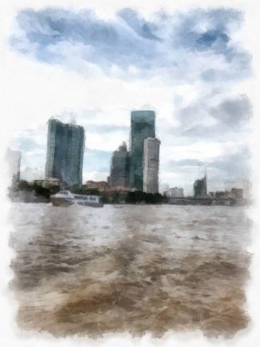 Chao Phraya Nehri ve yüksek binalarla Bangkok şehir manzarası suluboya resim çizimi izlenimcisi