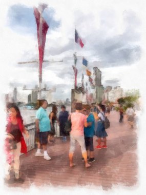 Chao Phraya Nehri suluboya resim çiziminde bir grup turist