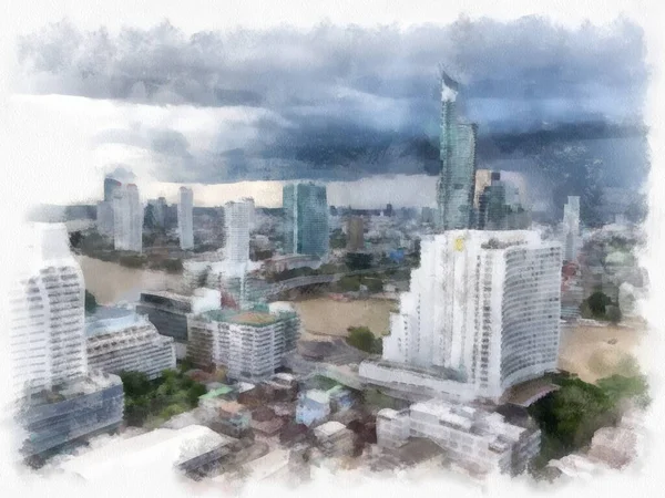 Bangkok City Landscape Chao Phraya River Tall Buildings Watercolor Style — Stock Photo, Image