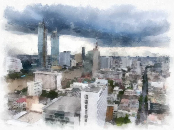 Paysage Urbain Bangkok Avec Rivière Chao Phraya Hauts Bâtiments Aquarelle — Photo