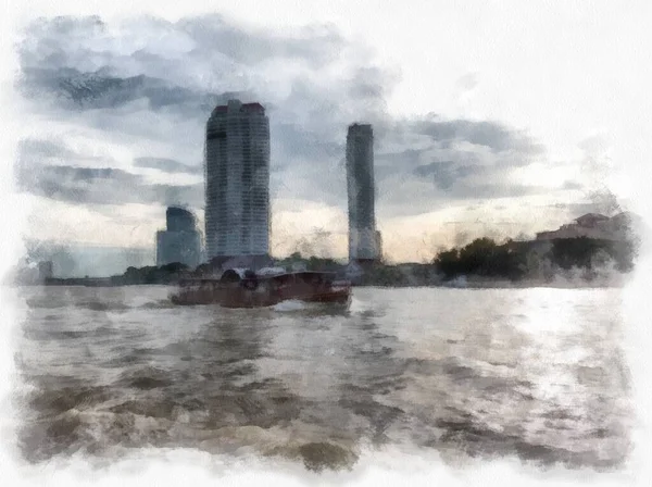 Μπανγκόκ Τοπίο Της Πόλης Chao Phraya Ποταμού Και Ψηλά Κτίρια — Φωτογραφία Αρχείου