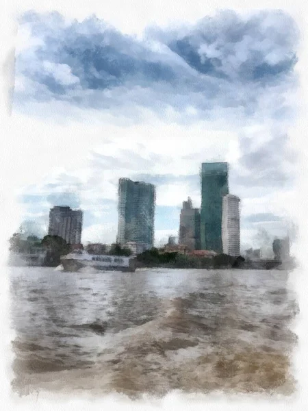 Paisagem Cidade Banguecoque Com Chao Phraya River Edifícios Altos Estilo — Fotografia de Stock