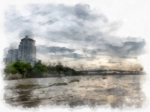 Paysage Urbain Bangkok Avec Rivière Chao Phraya Hauts Bâtiments Aquarelle — Photo