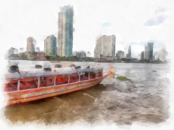 曼谷城市景观与朝弗里亚河 水彩画 印象派绘画 — 图库照片