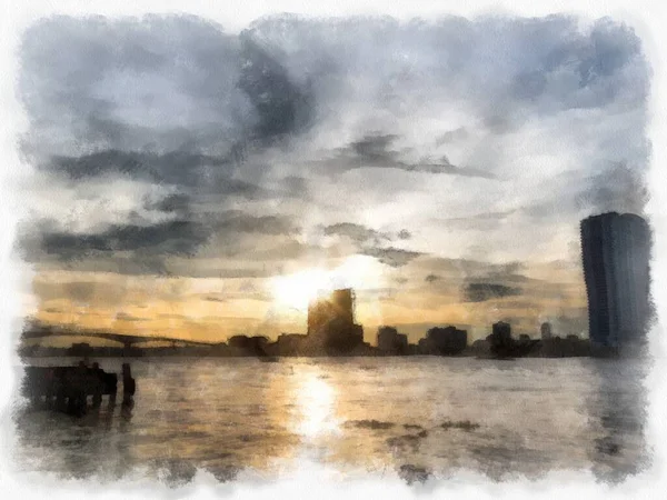 黄昏时分曼谷朝弗拉亚河景观水彩画风格的印象派绘画 — 图库照片